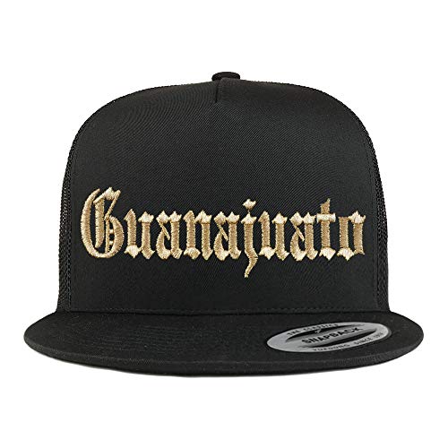 Trendy Apparel Shop Old English Guanajuato Gold Embroidered 5 Panel Flatbill Trucker Mesh Cap