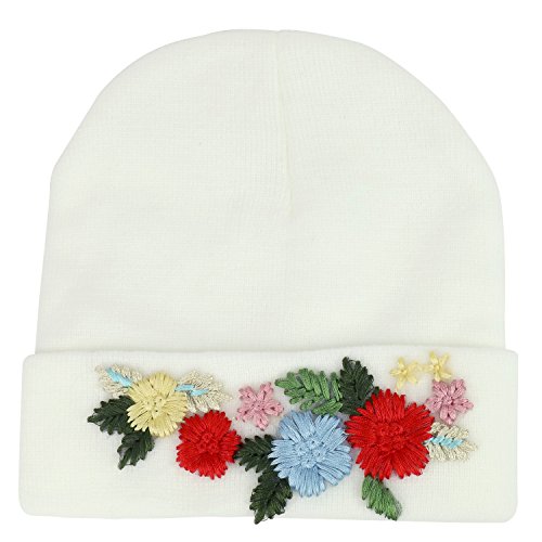 Trendy Apparel Shop Winter Knitted Cuffed Beanie Hat with Multi Floral Deco Trim - White