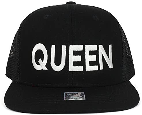 Trendy Apparel Shop King and Queen Embroidered Cotton Flat Bill Mesh Cap