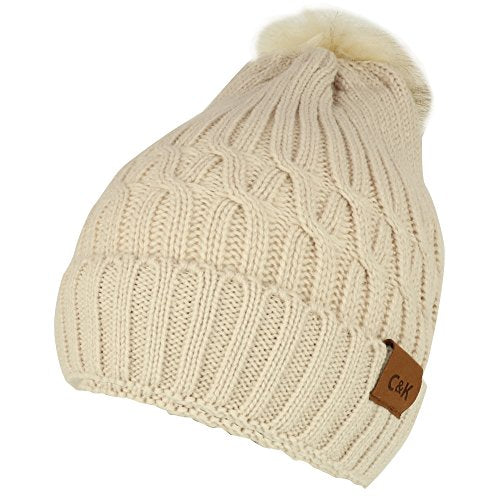 Trendy Apparel Shop Cable Knit Pom Pom Beanie with Fur Texture Lining