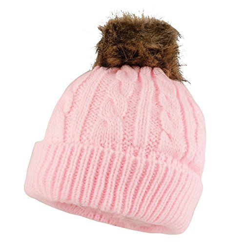 Trendy Apparel Shop Kid's Cable Knit Cuffed Up Fur Pom Winter Beanie