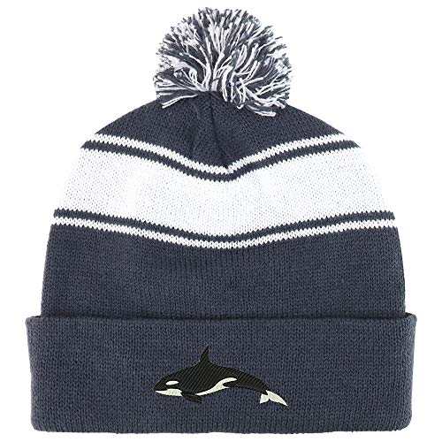 Trendy Apparel Shop Orca Killer Whale Two Tone Pom Striped Long Beanie Hat