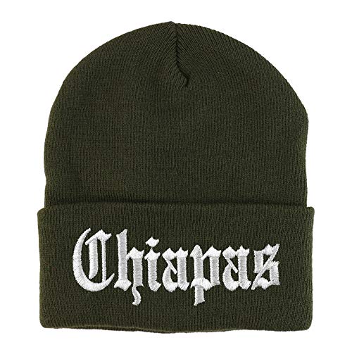 Trendy Apparel Shop Old English Chiapas White Embroidered Acrylic Knit Beanie Cap