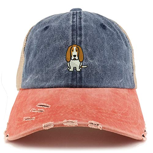 Trendy Apparel Shop Basset Hound Dog Embroidered Frayed Bill Trucker Mesh Back Cap