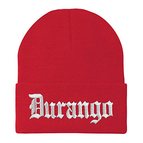 Trendy Apparel Shop Old English Durango White Embroidered Acrylic Knit Beanie Cap