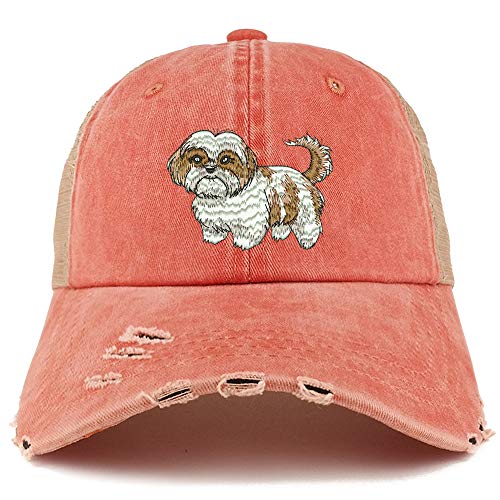 Trendy Apparel Shop Shih Tzu Dog Embroidered Frayed Bill Trucker Mesh Back Cap
