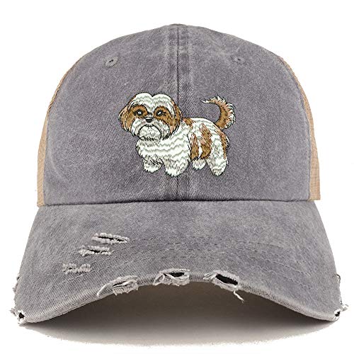 Trendy Apparel Shop Shih Tzu Dog Embroidered Frayed Bill Trucker Mesh Back Cap