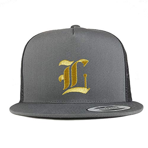 Trendy Apparel Shop Old English Gold L Embroidered 5 Panel Flatbill Trucker Mesh Cap