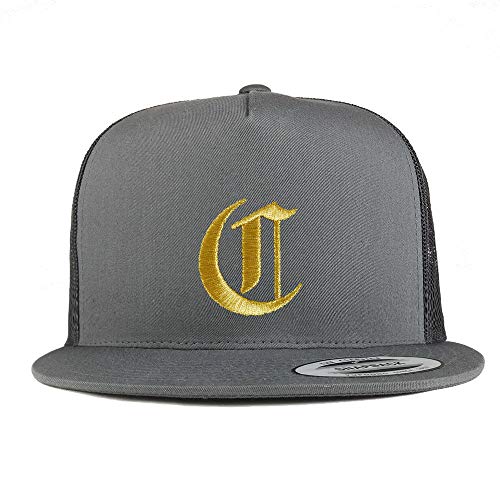 Trendy Apparel Shop Old English Gold C Embroidered 5 Panel Flatbill Trucker Mesh Cap