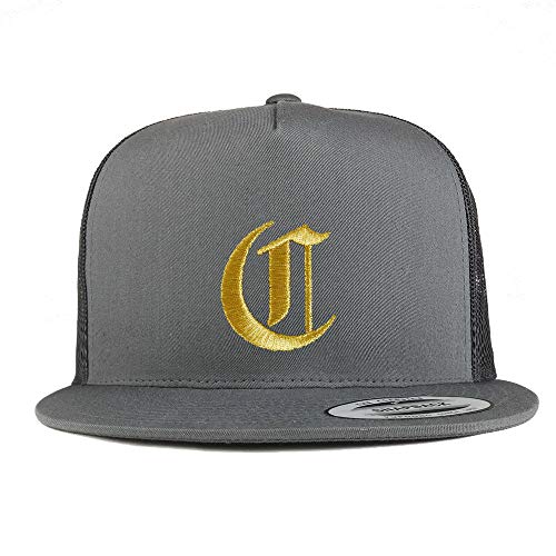 Trendy Apparel Shop Old English Gold C Embroidered 5 Panel Flatbill Trucker Mesh Cap