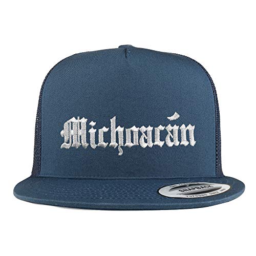 Trendy Apparel Shop Old English Michoacan White Embroidered 5 Panel Flatbill Trucker Mesh Cap