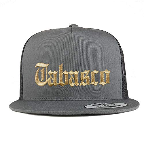 Trendy Apparel Shop Old English Tabasco Gold Embroidered 5 Panel Flatbill Trucker Mesh Cap