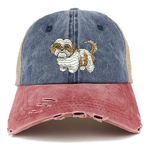 Trendy Apparel Shop Shih Tzu Dog Embroidered Frayed Bill Trucker Mesh Back Cap