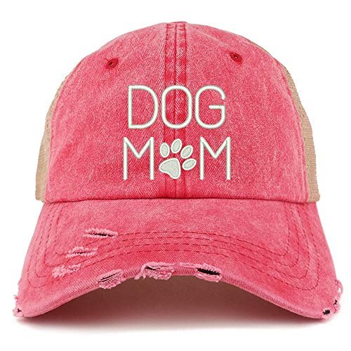 Trendy Apparel Shop Dog Mom with Paw Embroidered Frayed Bill Trucker Mesh Back Cap