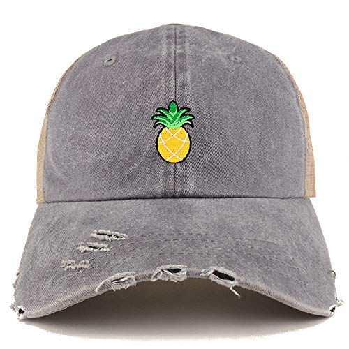 Trendy Apparel Shop Pineapple Patch Pigment Dyed Mesh Back Frayed Bill Trucker Cap