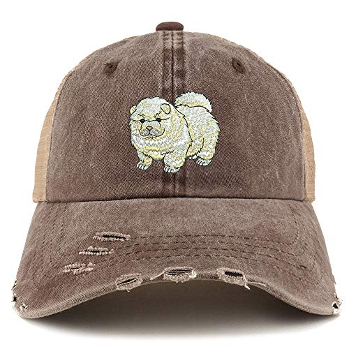 Trendy Apparel Shop Chow Chow Dog Embroidered Frayed Bill Trucker Mesh Back Cap