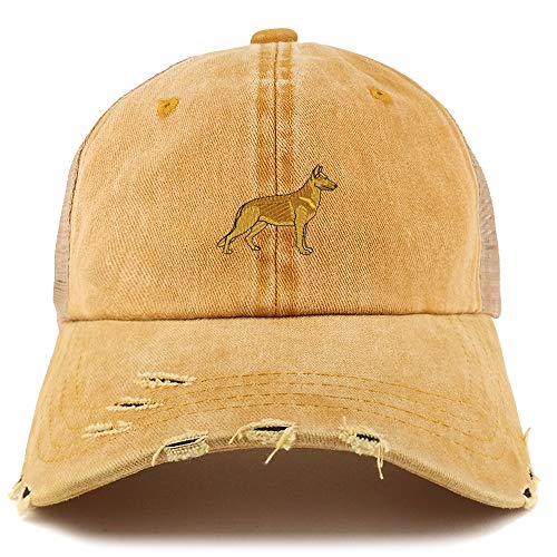 Trendy Apparel Shop German Shepherd Dog Embroidered Frayed Bill Trucker Mesh Back Cap