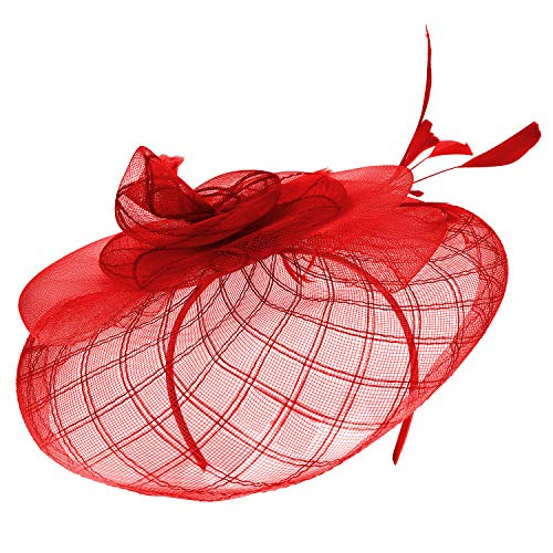 Trendy Apparel Shop Large Criss Cross Mesh Swirl Bow Fascinator with Feather