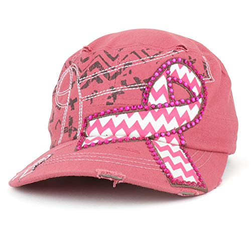 Trendy Apparel Shop Stoned Pink Ribbon Breast Cancer Awareness Flat Top Hat