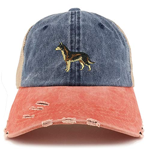 Trendy Apparel Shop Dark German Shepherd Dog Embroidered Frayed Bill Trucker Mesh Back Cap