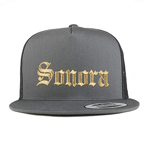 Trendy Apparel Shop Old English Sonora Gold Embroidered 5 Panel Flatbill Trucker Mesh Cap