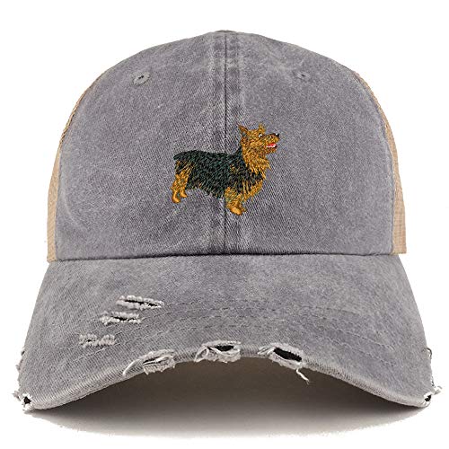 Trendy Apparel Shop Australian Terrier Dog Embroidered Frayed Bill Trucker Mesh Back Cap