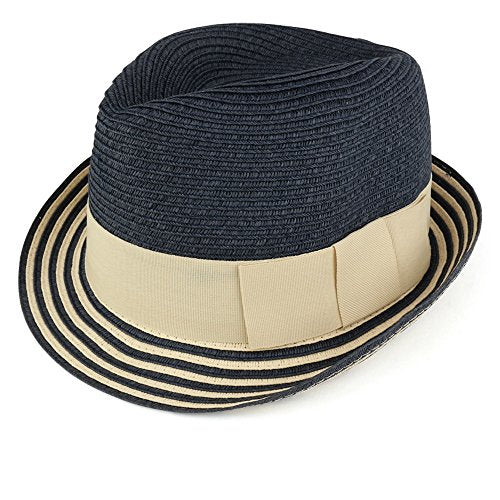 Trendy Apparel Shop Ladies Stylish Striped Brim Paper Braid Fedora with Hat Band