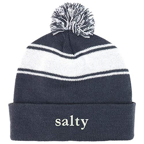 Trendy Apparel Shop Salty Embroidered Two Tone Pom Striped Long Beanie Hat