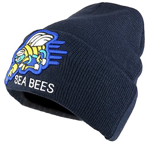Trendy Apparel Shop US Navy Sea Bees Logo Embroidered Long Cuff Beanie - Navy