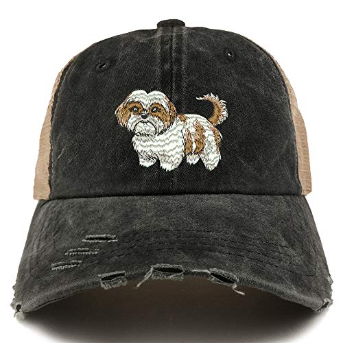Trendy Apparel Shop Shih Tzu Dog Embroidered Frayed Bill Trucker Mesh Back Cap