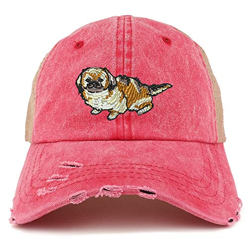 Trendy Apparel Shop Pekingese Dog Embroidered Frayed Bill Trucker Mesh Back Cap
