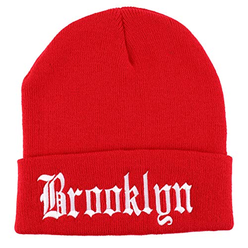 Trendy Apparel Shop Brooklyn Old English Font Embroidered Long Cuff Beanie