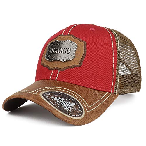 Trendy Apparel Shop Metallic Mexico Emblem Faux Leather Bill Trucker Mesh Cap