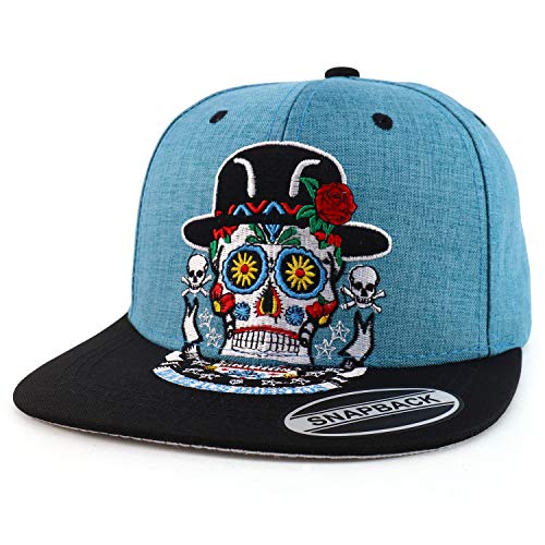 Trendy Apparel Shop Dia De Los Muerto Skull Embroidered Flatbill Snapback Cap