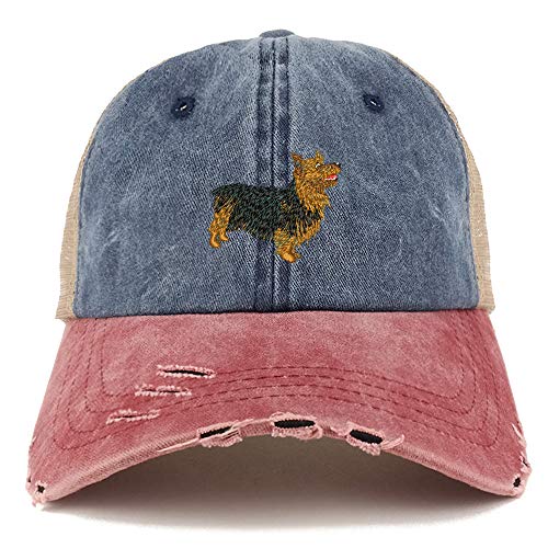 Trendy Apparel Shop Australian Terrier Dog Embroidered Frayed Bill Trucker Mesh Back Cap