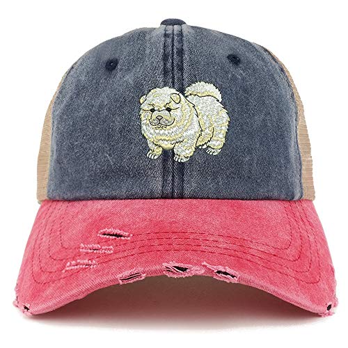 Trendy Apparel Shop Chow Chow Dog Embroidered Frayed Bill Trucker Mesh Back Cap