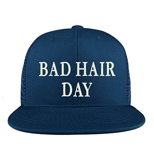 Trendy Apparel Shop Bad Hair Day Embroidered Cotton Flat Bill Mesh Back Trucker Cap