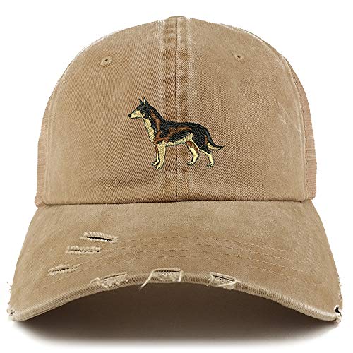 Trendy Apparel Shop Dark German Shepherd Dog Embroidered Frayed Bill Trucker Mesh Back Cap