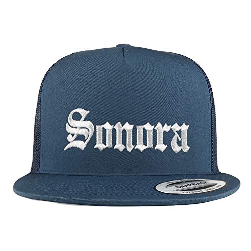 Trendy Apparel Shop Old English Sonora White Embroidered 5 Panel Flatbill Trucker Mesh Cap