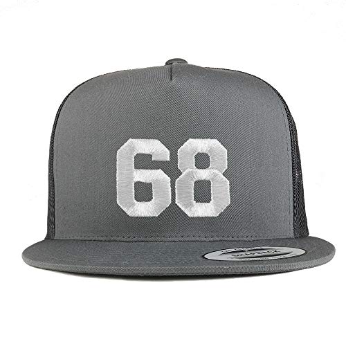 Trendy Apparel Shop Number 68 White Thread Embroidered Flat Bill 5 Panel Trucker Cap