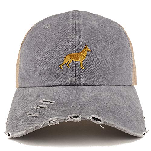 Trendy Apparel Shop German Shepherd Dog Embroidered Frayed Bill Trucker Mesh Back Cap
