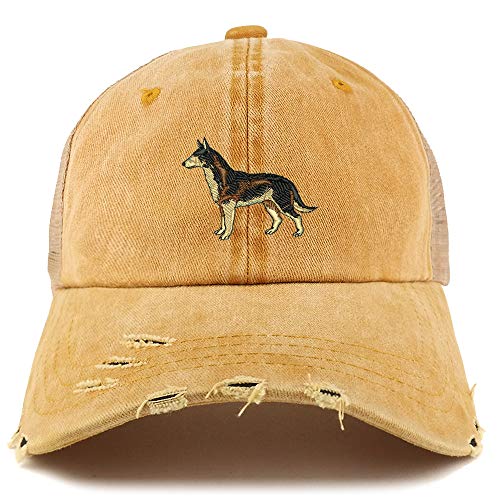 Trendy Apparel Shop Dark German Shepherd Dog Embroidered Frayed Bill Trucker Mesh Back Cap