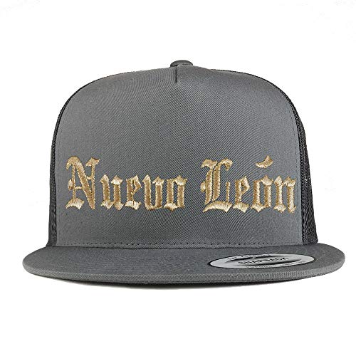 Trendy Apparel Shop Old English Nuevo Leon Gold Embroidered 5 Panel Flatbill Trucker Mesh Cap