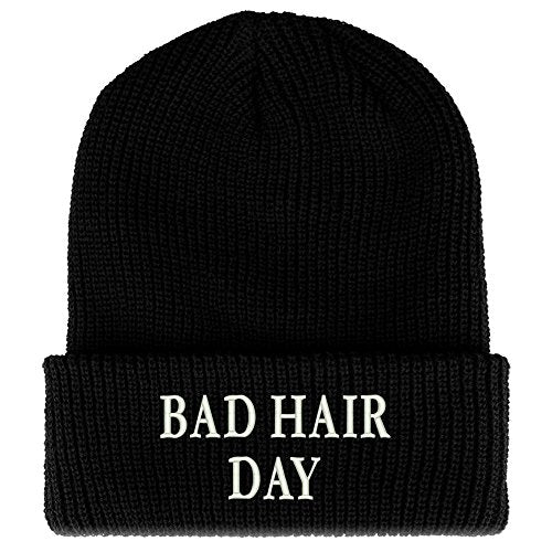 Trendy Apparel Shop Bad Hair Day Embroidered Ribbed Cuffed Knit Beanie
