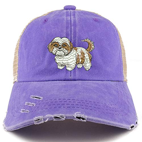 Trendy Apparel Shop Shih Tzu Dog Embroidered Frayed Bill Trucker Mesh Back Cap