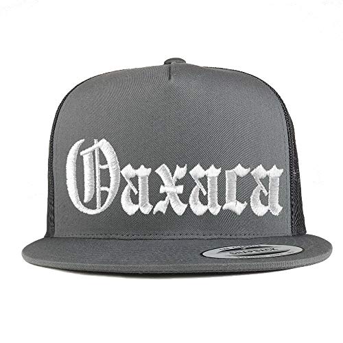 Trendy Apparel Shop Old English Oaxaca White Embroidered 5 Panel Flatbill Trucker Mesh Cap