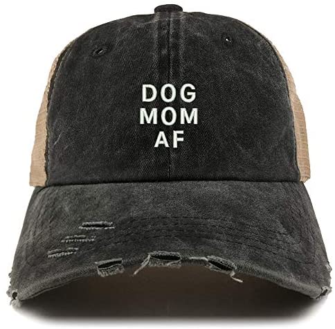 Trendy Apparel Shop Dog Mom AF Washed Front Mesh Back Frayed Bill Trucker Cap