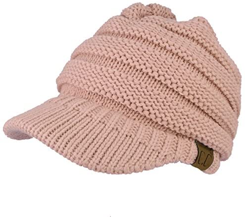 Trendy Apparel Shop Women's Ribbed Knit Winter Ponytail Visor Beanie Cap