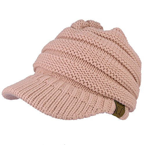 Trendy Apparel Shop Women's Ribbed Knit Winter Ponytail Visor Beanie Cap