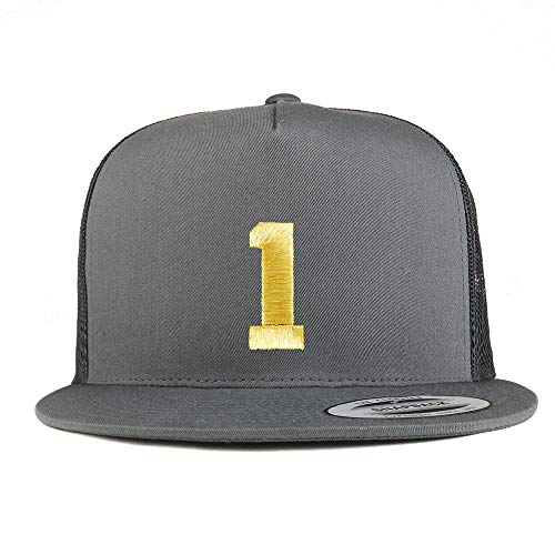 Trendy Apparel Shop Number 1 Gold Thread Embroidered Flat Bill 5 Panel Trucker Cap